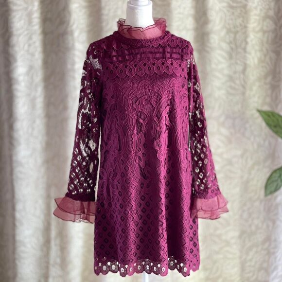 NWT Lulus Burgundy Maroon Lace Mini Dress Chiffon Ruffle & Collar Detail Size‎ S - Picture 5 of 12